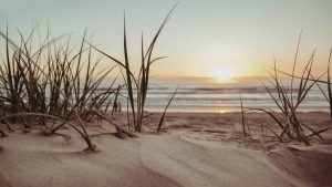Tratto di spiaggia in primo piano con tramonto